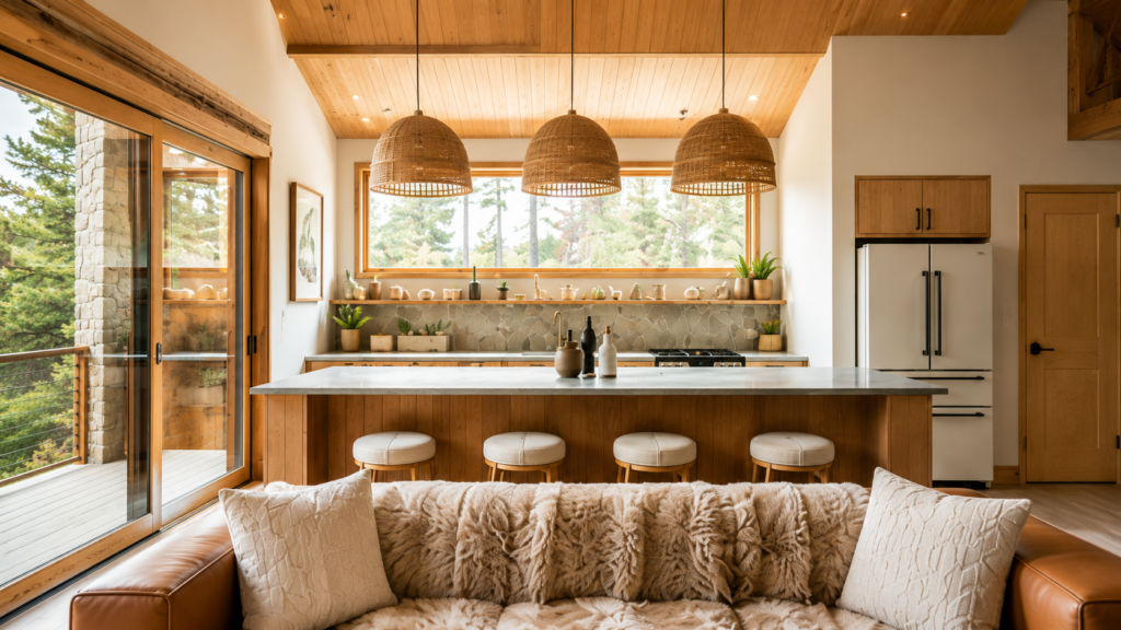 Luxury modern kitchen and dining area interior with warm aesthetic lightning