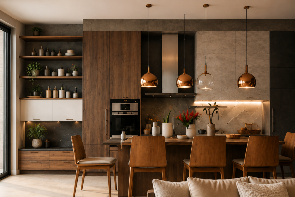 Luxury modern kitchen design with dark wood cabinets, kitchen island bar stools, and copper pendant lights