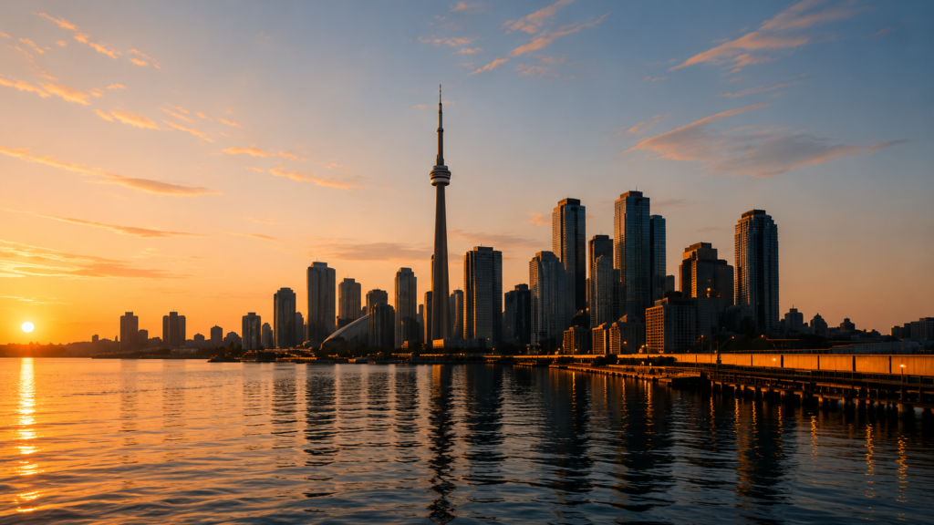 Toronto skyline featuring the CN Tower and modern city skyscrapers reflected on the water at sunset