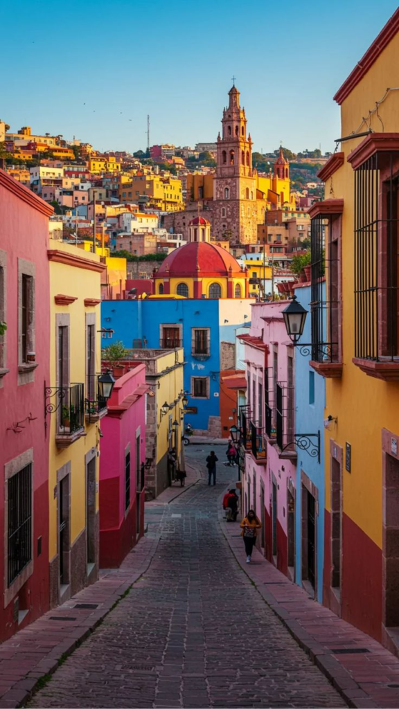 Vibrant colorful historic street and red dome church on a hillside in Mexico