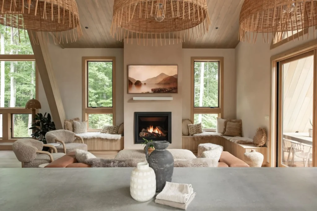 Luxury property management living room interior with arch window view