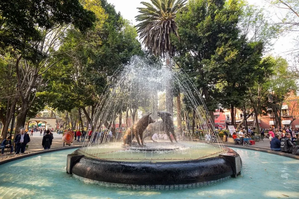 Coyoacán historic artsy square, fountain, and local charm in Mexico City