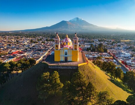 Puebla colonial charm, historic architecture, and volcano mountain view