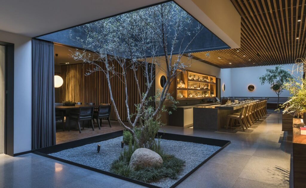 Pujol restaurant modern interior courtyard and fine dining design in Mexico City