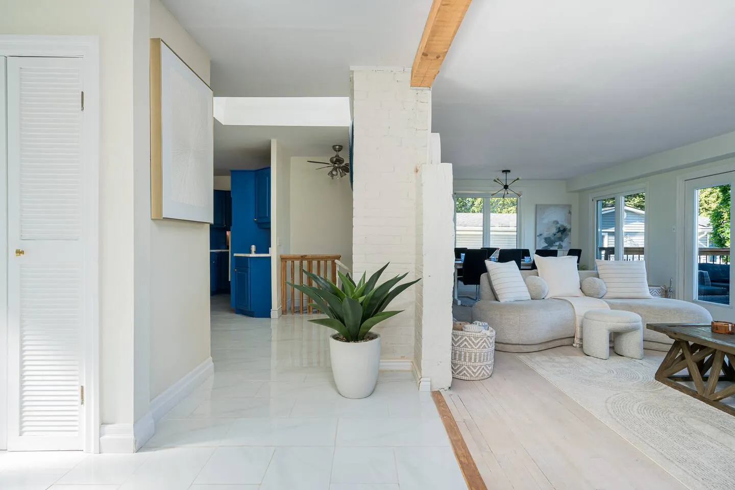 Dining area and open kitchen layout at The Bluffs Bayhouse