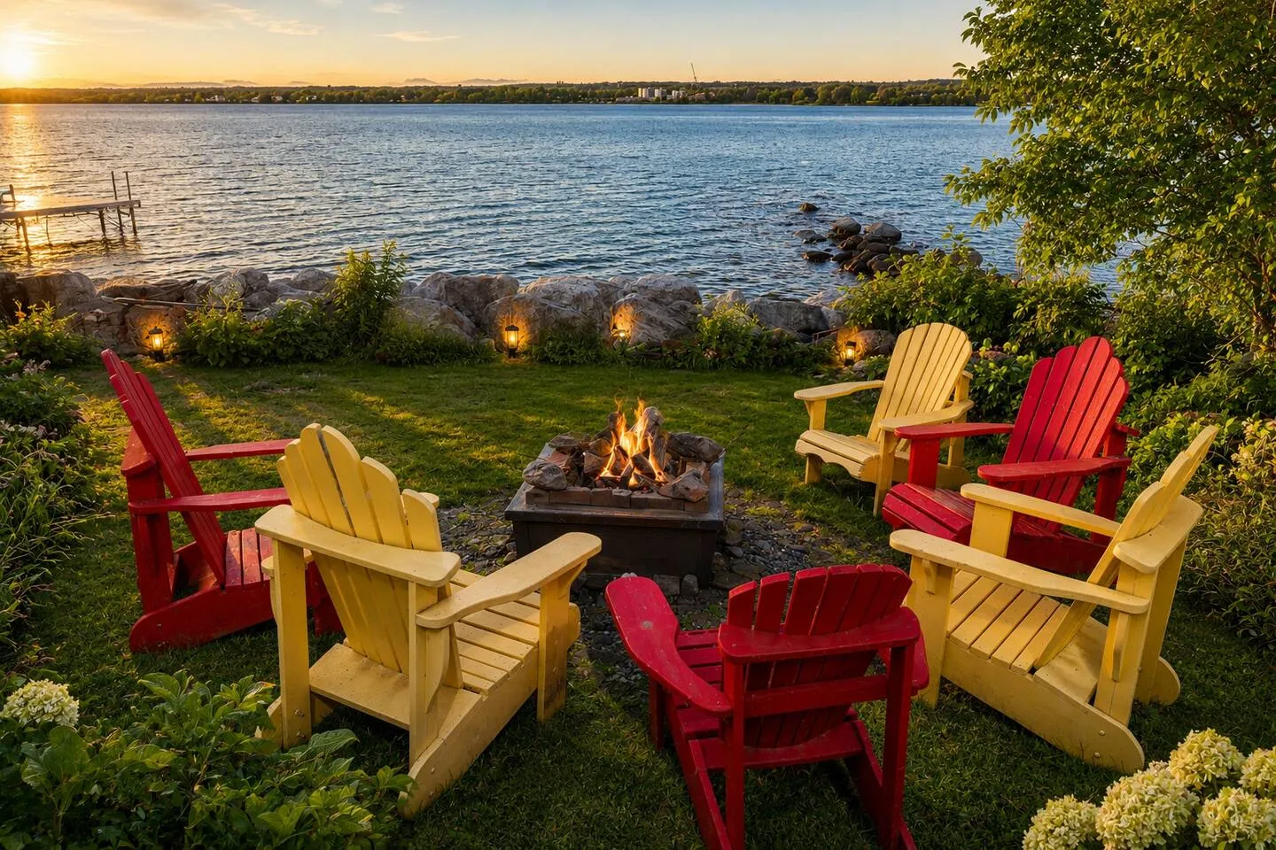 Outdoor patio seating with sunset views at The Bluffs Bayhouse