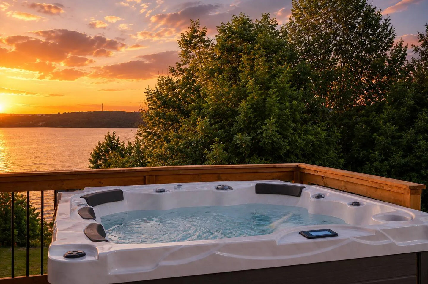 Hot tub on the patio at The Bluffs Bayhouse during sunset
