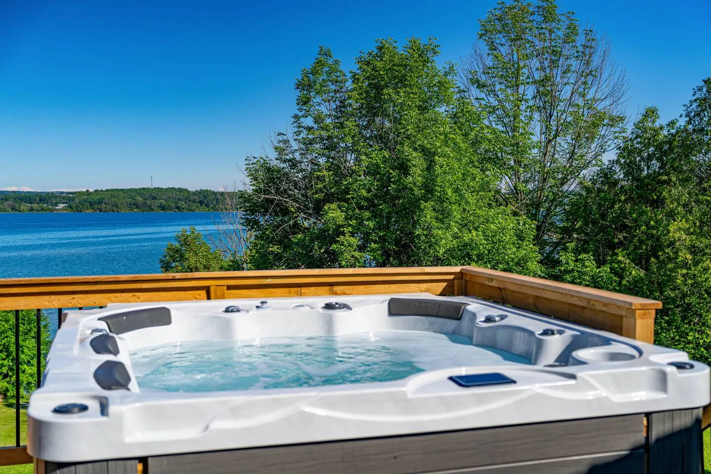 View of the lake from the hot tub at The Bluffs Bayhouse