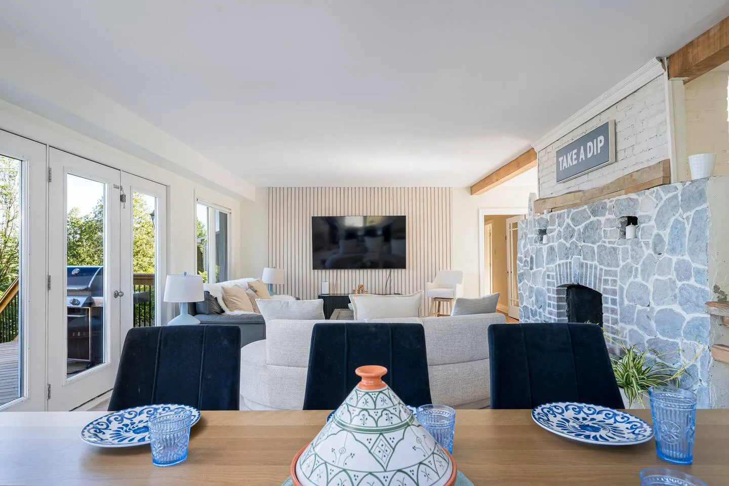 Wide view of the open plan living space at The Bluffs Bayhouse