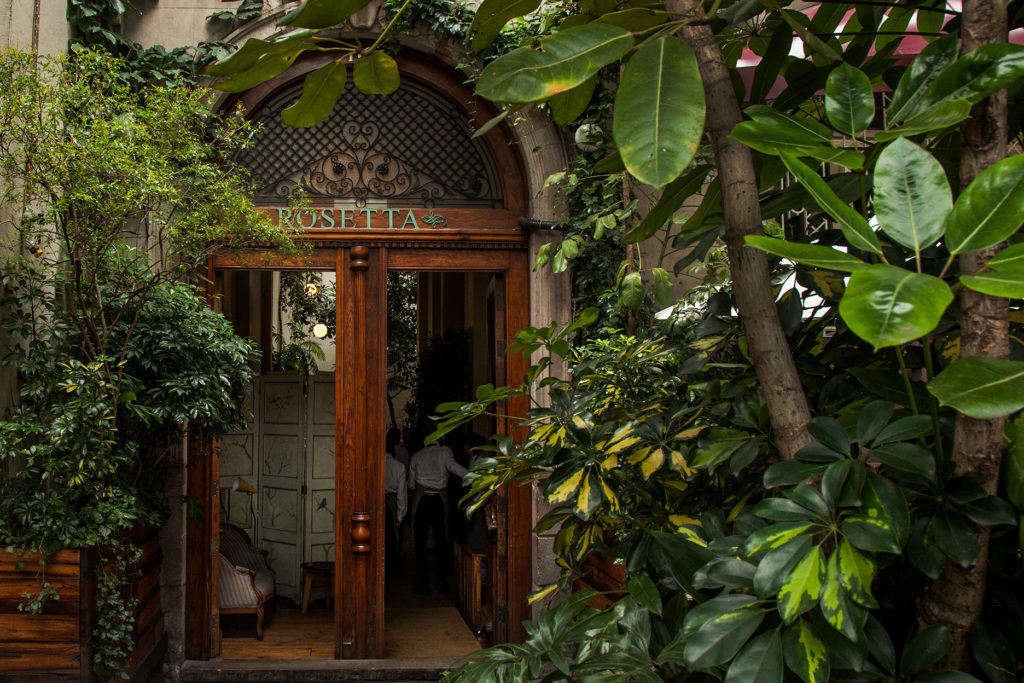 Rosetta restaurant lush green entrance and historic building setting in Mexico City