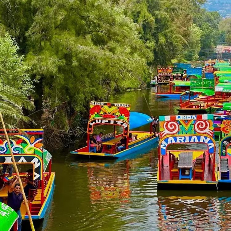 Xochimilco colorful traditional boats and ancient canals in Mexico City
