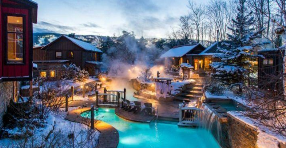 Scandinave Spa Blue Mountain peaceful thermal pools and winter forest setting