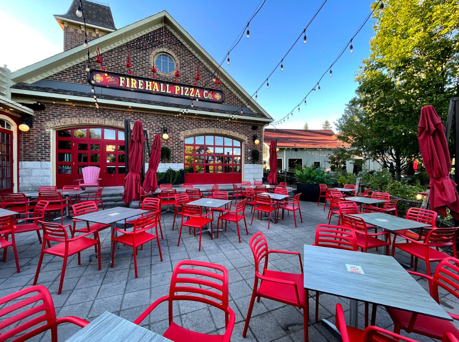 Firehall Pizza Co. outdoor dining patio and restaurant exterior in Blue Mountain