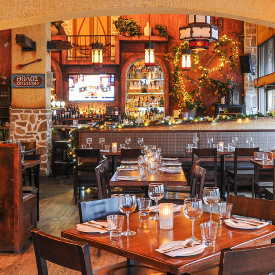 Tholos Restaurant Mediterranean-inspired dining interior and seating in Blue Mountain