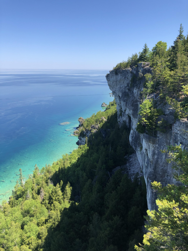 Grey Bruce Ontario coastal cliffs and blue Georgian Bay water